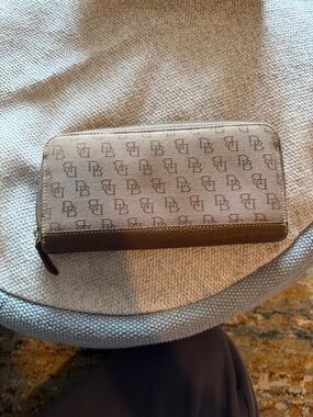 Dooney and Burke Monogram Zip Wallet in Beige and Brown